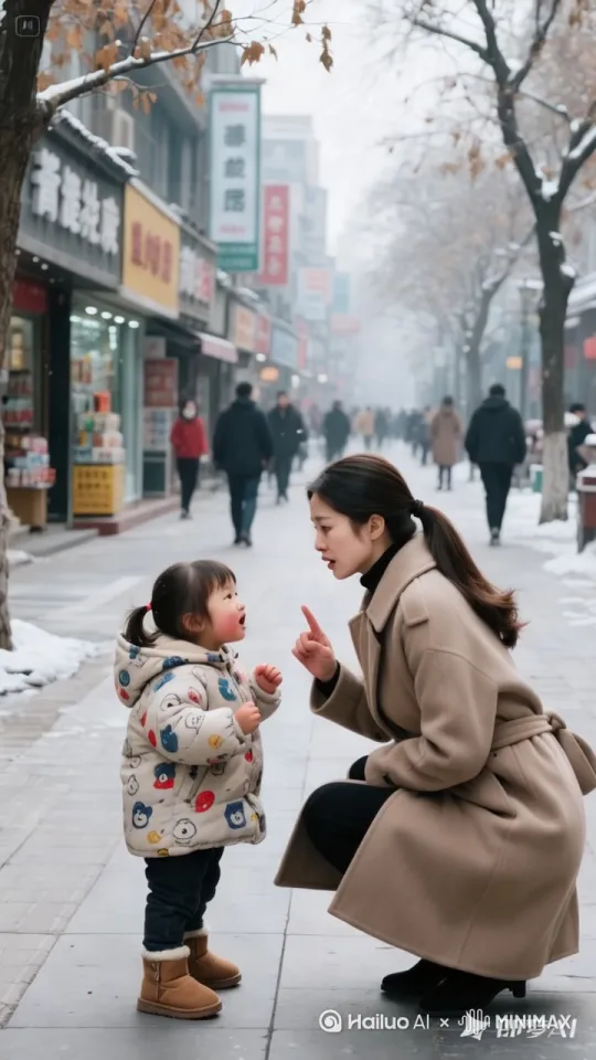 "中景镜头，超高清 16K 真实摄影，HDR 效果，定格冬日街景争执。
 
在一个中国户外的街道上，虽是没有雪的冬天，却依旧透着丝丝寒意。一个年轻漂亮的母亲正蹲在地上，和一个 3 岁的小孩对话。母亲身着时尚的驼色大衣，长发束在脑后，精致的面容上满是焦急与困惑。小孩穿着厚实的彩色棉袄，戴着可爱的毛线帽，小脸气鼓鼓的，眼神倔强。 
母女俩似乎在争吵，母亲眉头紧蹙，声音中带着急切和无奈。小孩挥舞着小手，大声叫嚷着，泪水在眼眶里打转。 街道是由老旧的砖石铺就，有些地方还残留着积水。路边是枯黄的树木，枝干在寒风中微微颤抖。 远处是错落的店铺和匆匆行走的路人。 天空呈现出淡淡的灰白色，几缕薄云缓缓飘动。 画面整体色调以冷色调为主，突出冬日的清冷，同时用母女间激烈的交流增添些许温暖。每一处细节都精心刻画，仿佛能让人听到她们的争吵声和周围的嘈杂声。" by Hailuo AI Video Generator