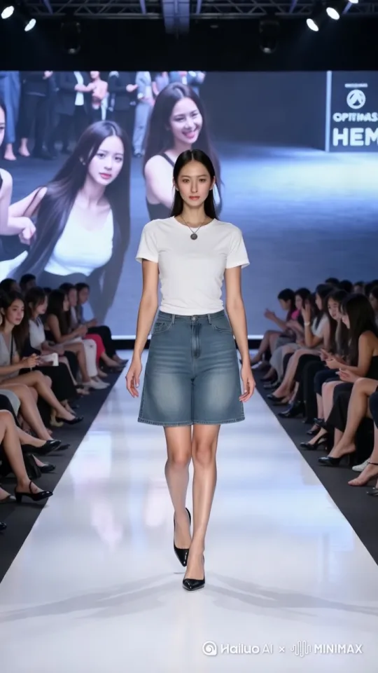 全景，中心构图，全身，正视图，美女在T台上走台步，女模特的步伐[变焦拉远] by Hailuo AI Video Generator
