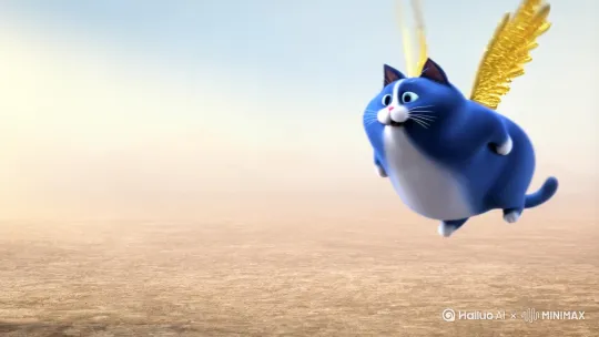 一只可爱的蓝色胖猫长出了金色的翅膀，飞向了一块立在地面上的石头[跟随]，石头上面从上至下写着大展宏图[下摇] by Hailuo AI Video Generator
