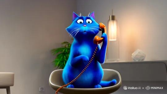 一只蓝色的猫拿着手机急忙的在说话 by Hailuo AI Video Generator