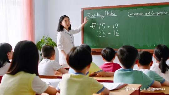 一位名叫杨贝舒的小学老师在给学生讲数学课,内容如下:1. 凑整法
- 28 + 34 + 12 =
(先算 28+12=40,再算 40+34=74)
- 19 + 25 + 21 =
(先算 19+21=40,再算 40+25=65)
2. 拆补法
- 47 + 9 =
(把9拆成 3+6,47+3=50,50+6=56)
- 36 + 18 =
(把18拆成 20-2,36+20=56,56-2=54)
减法巧算
1. 找相同尾数
- 75 - 28 - 25 =
(先算 75-25=50,再算 50-28=22)
- 92 - 34 - 22 =
(先算 92-22=70,再算 70-34=36)
2. 补数法
- 63 - 19 =
(把19看成 20-1,63-20=43,43+1=44)
- 81 - 27 =
(把27看成 30-3,81-30=51,51+3=54)
混合运算
- 25 + 17 - 15 =
(先算 25-15=10,再算 10+17=27)
- 48 - 16 + 12 =
(先算 48+12=60,再算 60-16=44) by Hailuo AI Video Generator