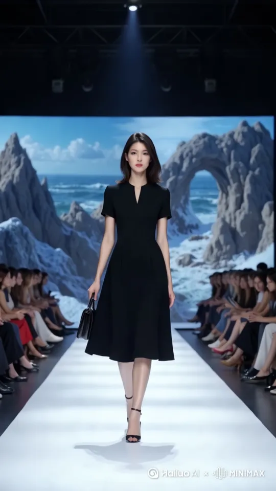 全景，中心构图，全身，正视图，美女在T台上走台步，女模特的步伐[变焦拉远] by Hailuo AI Video Generator