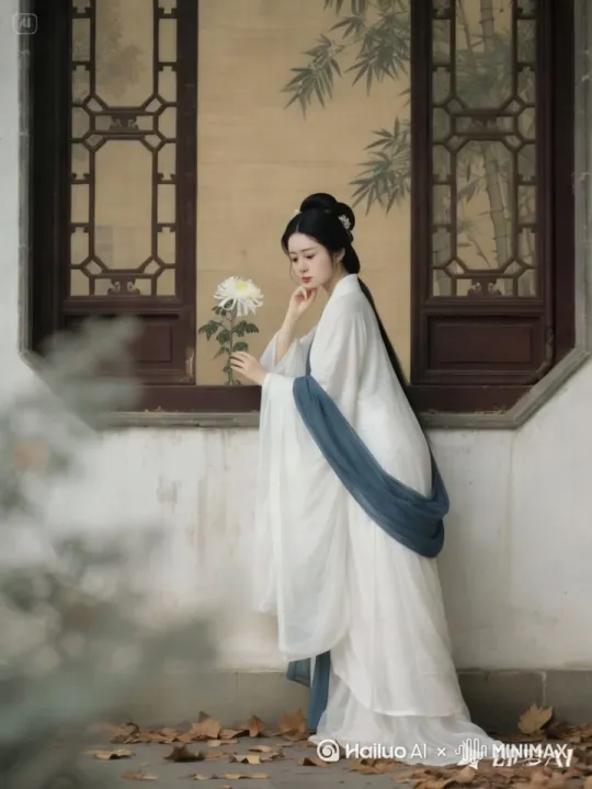 用「忧郁御姐音」读词,配古筝版《青花瓷》,真实摄影,超细节,16K 超清画质,中景镜头 + 画面采用类似故宫《历代仕女图》色调 11,以细腻笔触绘制,整体调低饱和度营造凄凉氛围 + 画面主体为一位身着月白长衫、搭配黛蓝披帛的女子,立于窗前 + 女子蹙眉托腮,指尖轻轻抚过盛开的菊花,神情尽显忧愁哀伤 + 女子身后是窗棂,透过窗棂可见竹影摇曳,地面随风落叶零落,画面叠加35%左右透明度愁云滤镜,生动诠释李清照《醉花阴》中深秋时节的凄凉与愁绪,在视频的后半段女子转身忧伤的转身离开,空留香风落叶、残花 by Hailuo AI Video Generator