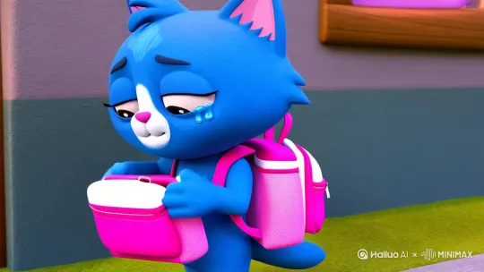 蓝色的可爱小猫泪流满面的收拾粉白书包里的东西[左摇,变焦推进]它走出门的时候不舍得看了一下手机[左移,上升]它登上了公交车 坐在座位上泪流满面 [左移,跟随]望着窗外一脸茫然 by Hailuo AI Video Generator