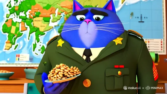 一只蓝色的浓眉毛胖猫穿着军大衣站在地图前吃炒黄豆 by Hailuo AI Video Generator