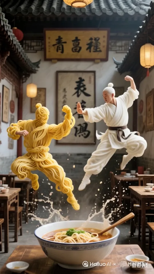 [右移,左摇,跟随]黄色面条人物用太极拳与白色衣服人物用南拳北腿腾空飞起在空中打斗打斗动作模仿甄子丹，对打场景，动作娴熟流畅，超清32K去水印特写动作场景 by Hailuo AI Video Generator