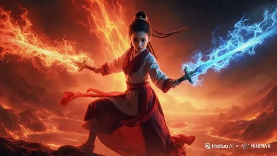 以运动镜头向前推进，聚焦一位持剑女子。女子身着中式练功服，向前奔跑，身姿矫健。她在流淌的熔岩之上舞动，周围环绕着炽热的火焰圆环。熔岩流经之处，火山喷发景象壮观，伴有震撼的音效，整体画面充满奇幻与力量感。 仙侠大电影风格，玄幻，古朴，孤独，高清 by Hailuo AI Video Generator