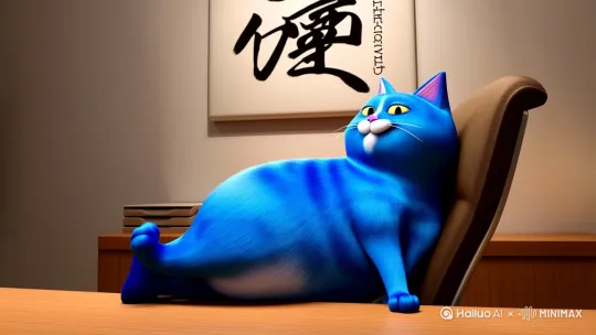 一只3d拟人的可爱的蓝色胖猫靠在办公室的椅子上，把脚翘在办公桌上面，后面上方的墙壁挂着一副长方形白底黑字字画，写着大展宏图[推进,上升]，中文无法体现英语也可以 by Hailuo AI Video Generator