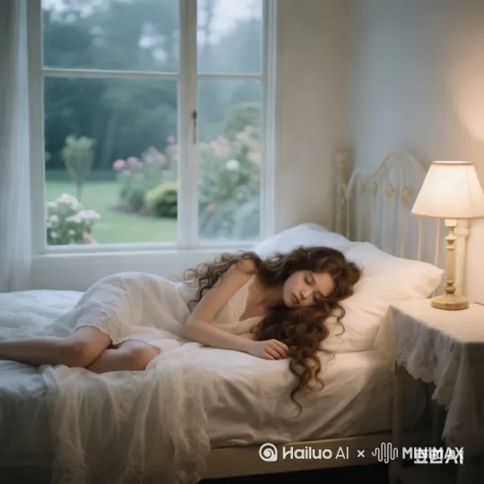 阳光透过窗户洒在床上，长卷发女孩慢慢睁开眼睛，伸伸懒腰 by Hailuo AI Video Generator