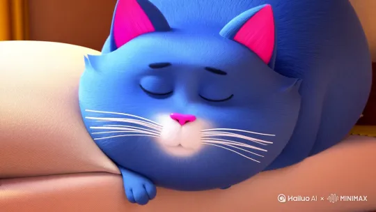 3d动画风格，画面的主体是一个蓝色的胖猫，耳朵内侧为粉色，有着白色的胡须和粉色的鼻子，白天从床上醒来，看一下日历，日历上5月5日，随后日历掉在地上 by Hailuo AI Video Generator