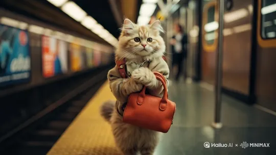 一只拿着手提包挤地铁的猫咪，地铁行驶过来停下，猫咪快速挤进地铁 by Hailuo AI Video Generator