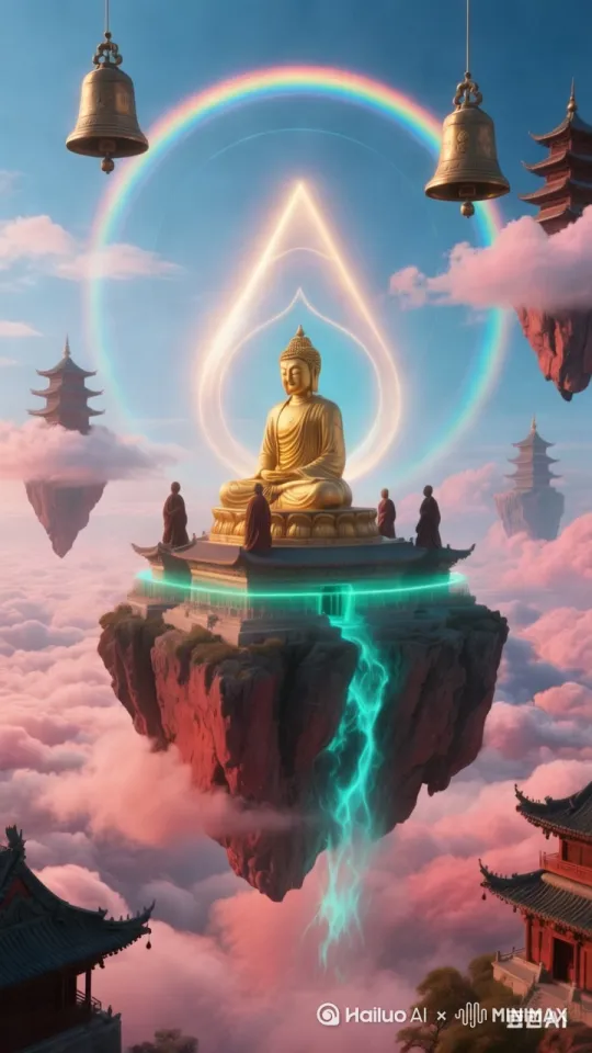 “反重力寺庙群如巨型彭罗斯三角般诡谲悬浮,沸腾云海呈品红与钴蓝的疯狂湍流。鎏金佛光以克莱因瓶拓扑结构疯狂旋转辐射,589nm金与486nm青的禁戒波长交织出非欧几里得光路,同时穿透实体寺庙与虚投影。青铜檐角铃铛剧烈震动,声波涟漪如凝固的水晶纹路却又不断扩散。暗物质粒子流(透明黑叠加15%荧光绿微光)如动态极光穿透赭红色岩壁。僧侣虚影在八重虹圈(七层可见光+一层紫外线轮廓的光子晶格干涉)内疯狂闪烁,量子态坍缩瞬间爆发出刺目紫外冲击波。寺庙群以矛盾姿态旋转——顶部顺时针急转,底部逆时针狂旋,每0.5秒寺庙窗格随机迸发量子佛光脉冲,似光学核反应堆过载。整体画面充满超现实宗教感,彭罗斯三角结构与非欧几里得辐射路径强化空间悖论,虚实材质冲突(风化砂岩粗糙与佛光金箔镜面、铜绿钟鼎氧化与暗物质流透明)制造强烈视觉冲击。” by Hailuo AI Video Generator