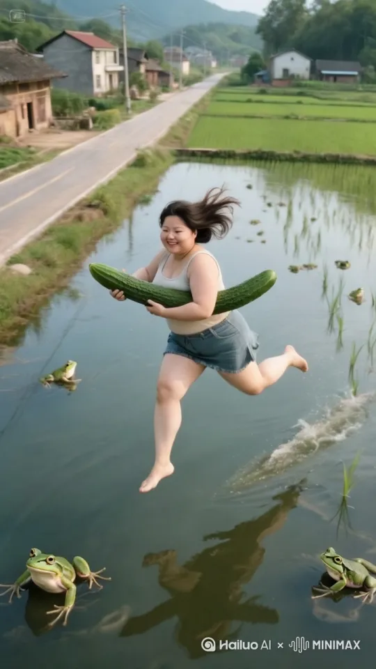 镜头移动,动态跟随,快速高空跟踪镜头移动,一位美女双腿像中国轻功一样在空中飞纵,双脚往前疾奔,仿佛在空中踏出一条路,捕捉平滑飞行的感觉。衣服和头发随风摇摆,相机从略高位置的俯视角度紧密跟踪从左后方向右后方移动,随着角色穿越场景。环境是动态的,快速变化,不断往后掠过的水田里蹦出来的一只只青蛙,四周是错落的房屋和田地。 by Hailuo AI Video Generator