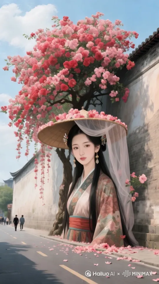 运镜环绕，美女不动，花朵大幅度随风飘动，帽纱轻微随风摆动 by Hailuo AI Video Generator