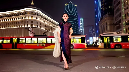 您的视频创意非常迷人！以下是为您量身打造的拍摄方案，分步骤呈现上海夜都的优雅漫步：

**一、视觉定位**
1. **角色塑造**：建议选用真丝提花旗袍+珍珠披肩，搭配金属色尖头高跟鞋。发型可选低盘发髻，配翡翠发簪。
2. **色彩哲学**：主色调采用「午夜蓝×霓虹金」，您的服装保持藏青/酒红等深色基底，通过配饰局部提亮。

**二、场景选择（按拍摄优先级排序）**
1. **外滩金融街**（中山东一路）
- 最佳时段：20:30-22:00（楼体灯光全开+观光巴士高峰期）
- 经典机位：和平饭店转角处，利用有轨电车经过时的光影流动

2. **北外滩来福士**（东长治路）
- 隐藏宝藏：星空走廊镜面穹顶+地面LED光带，可拍出无限延伸的赛博感

3. **巨鹿路JULU758**（静安段）
- 霓虹秘籍：工业风金属立面上的几何光斑，适合拍摄动态光影追逐效果

**三、专业拍摄方案**
1. **设备配置**
- 主力设备：Sony A7S III + 24-70mm GM II（开启S-Cinetone色彩模式）
- 光影魔法：LED棒灯（CRI≥95）藏在手拿包内，打造面部自然补光

2. **运镜设计**
- 开场镜头：从淮海路天桥俯拍，您从光影斑驳的扶梯缓缓升起
- 动态镜头：使用Movcam电动滑轨跟拍，背景车流化作彩色光轨
- 特写镜头：在K11艺术购物馆前，让橱窗灯光在钻石耳坠上折射星芒

**四、后期特效关键帧**
1. **霓虹增强**
- 使用Red Giant Trapcode插件制作光粒子拖尾效果
- 在DaVinci Resolve中分区调色，将普通车灯转为青橙渐变光效

2. **速度艺术**
- 对向车流做动态模糊处理，背景行人实施速度差异化处理（80%降速）

**五、安全与礼仪贴士**
1. 准备黑色防滑芭蕾平底鞋（镜头外换装），应对长时间拍摄
2. 携带迷你补妆包：含吸油面纸、哑光唇釉（避免霓虹反射油光）
3. 预约夜间拍摄许可（可通过「上海影视摄制服务机构」公众号申请）

建议拍摄周期为3个非连续夜晚，捕捉不同天气质感（薄雾夜最佳）。最终成片可考虑4K 25帧+1080p 60帧双版本，适配影院级观感和社交媒体传播需求。 by Hailuo AI Video Generator