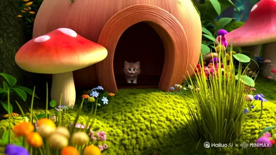 生成一个小猫从蘑菇房里窜出出来，并跳进泥坑里玩 by Hailuo AI Video Generator