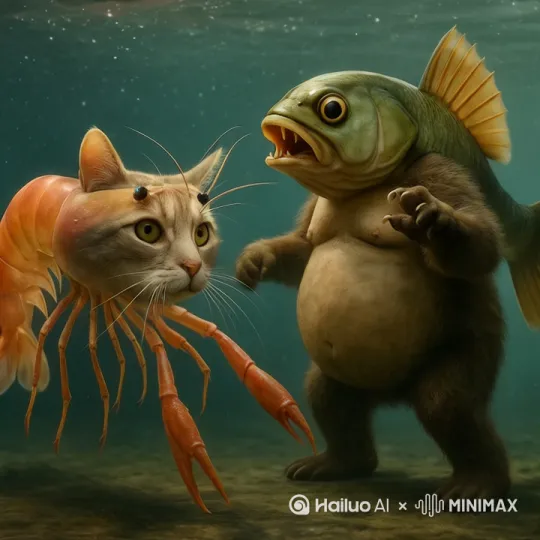 打架，瞎猫把鱼人打败 by Hailuo AI Video Generator