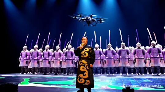 秦始皇身穿玄色龙纹战袍,手持青铜麦克风,站在全息兵马俑军阵前演唱。舞台地面投影动态大秦疆域图,无人机群组成'雁行之阵',AR彩绘复原的紫甲武士跳机械舞,青铜剑与电子合成器碰撞出火花,镜头快速切换至CT扫描的兵马俑内部结构,最后画面定格'Made in 221BC'字样。 by Hailuo AI Video Generator