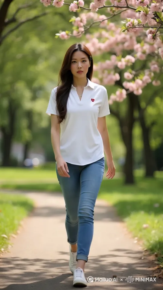 全景，中心构图，全身，正视图，美女在公园步道上行走[变焦拉远] by Hailuo AI Video Generator