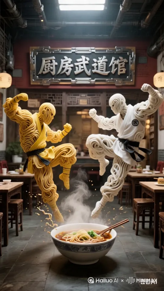 超清32K画质在中式风格的“厨房武道馆”餐厅内，身着黄色练功服、系黑色腰带的面条武者和身着白色练功服、配黑色腰带的面条武者，以凌厉的武术动作腾空而起，仿佛正展开激烈对决。他们脚下是一碗热气腾腾的拉面，面条在汤汁中微微颤动，筷子斜放碗边，周围蒸汽翻涌，零星的汤汁飞溅，营造出紧张又奇幻的动态氛围。黑白武士采用的都是是无影脚。

想象视角从餐厅门口缓缓推进，首先映入眼帘的是古色古香的桌椅和暖黄的灯笼。随着镜头拉近，两位面条武者的动作愈发清晰，黄色武者出拳刚猛，白色武者踢腿迅猛，镜头聚焦在他们之间的那碗拉面，蒸汽袅袅升腾，仿佛时间都因这场“面条武者之战”而凝固又充满动感。 by Hailuo AI Video Generator