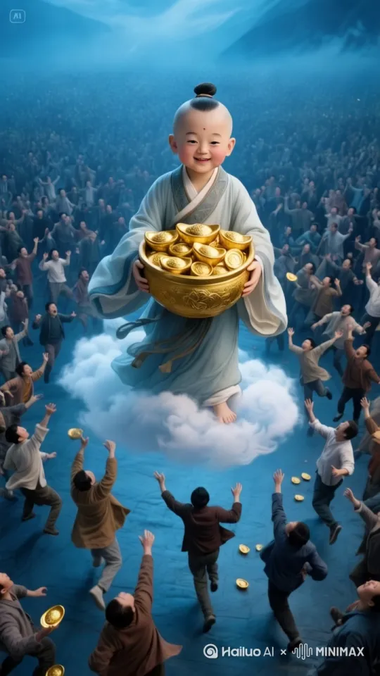 祥云飘飘而来[下降,上摇]金元宝洒落，地上的人们疯抢，抱着元宝争夺[变焦拉远]后移拉远，高清摄影效果 by Hailuo AI Video Generator
