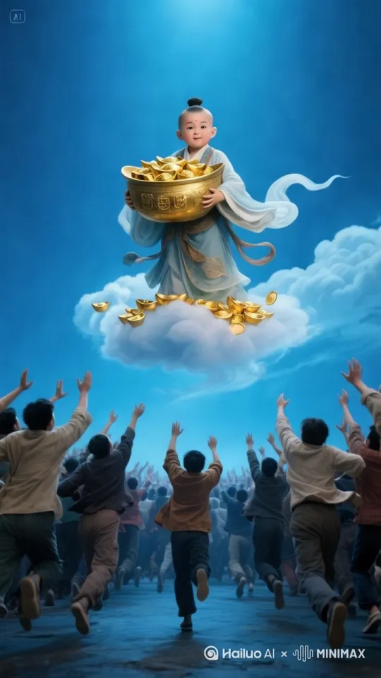 祥云飘飘而来[下降,上摇]金元宝洒落，地上的人们疯抢，抱着元宝争夺[变焦拉远]后移拉远，高清摄影效果 by Hailuo AI Video Generator