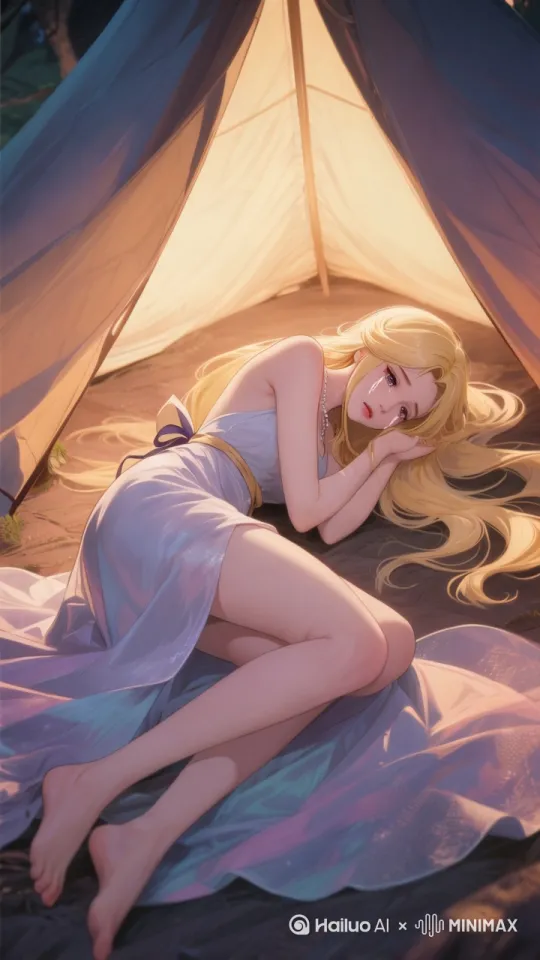 唯美户外露营场景，一位金发少女身着飘逸长裙，优雅地躺在帐篷前，双手温柔托腮，凝望远方天际，眼神中透露着对未知的向往与憧憬。夕阳余晖洒在她柔顺的发丝上，增添了几分梦幻色彩。帐篷半敞，透出柔和灯光，营造出宁静温馨的氛围。四周绿草茵茵，树木环绕，一片和谐自然之景。少女身旁散落着几件旅行用品，增添生活气息。采用电影级摄影手法，捕捉这一刻的静谧美好，中景构图，微距聚焦少女面容，展现细腻情感。 by Hailuo AI Video Generator