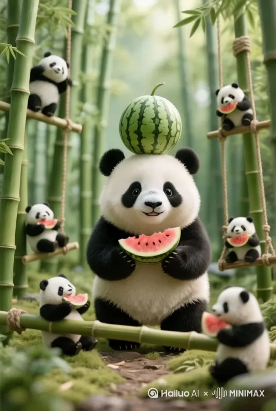 让图片上的熊猫动起来，竹子动起来，竹叶动起来 by Hailuo AI Video Generator