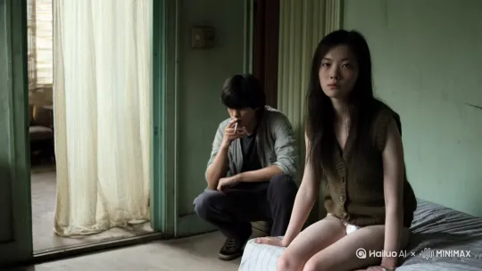 简陋的出租屋内,一个中国文艺女青年女性眼神空洞的看着镜头,下身只穿内裤,上身一件小背心坐在床边。她的男朋友蹲在门槛,抽着烟,焦虑,无望。镜头由远至近,摇摇晃晃,扫过男朋友身边至女青年腿部再上摇至女青年脸部 by Hailuo AI Video Generator