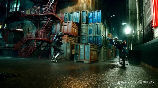 近未来雨夜，科技与冷兵器交织的时代，霓虹灯在雨幕中折射出赛博朋克风格的光晕。

- **地点设定**：东区暗巷深处，两侧堆满锈迹斑斑的金属货箱，潮湿的防火梯在风中吱呀作响，排水管不断滴落着混着机油的污水。

- **基本背景**：在义体改造普及的地下世界，两个宿敌因争夺能改写记忆的神经芯片"阿赖耶识"而相遇，这场对决将决定黑市权力的重新分配。

### 故事梗概

- **致命邂逅**：改造人杀手"夜枭"突袭运输车队，与护卫队长"铁脊"在雨巷狭路相逢。

- **机械交锋**：双方展开义体武器对决，液压关节与合金刀刃在雨中碰撞出蓝色火花，改造程度逐步升级。

- **环境博弈**：利用货箱制造掩体、铁梯制造高空压制、霓虹灯管制造致盲效果，将巷战特性发挥到极致。

- **记忆闪回**：在生死瞬间，芯片泄露的记忆碎片揭示两人曾是战友的过往，为对决注入情感冲击。

- **终局余响**：当警笛逼近时，胜负已分却无人欢呼，雨水中漂浮的芯片折射着两人破碎的倒影。 by Hailuo AI Video Generator