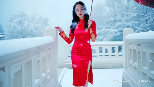 纷扬的鹅毛大雪中，身着正红色丝绸旗袍的东方佳人款款走来。旗袍剪裁贴身，刺绣金线在雪光中若隐若现，高开叉设计露出白皙小腿。乌木般的长发缀满晶莹雪花，朱唇与衣袂同色，在银装素裹的古典庭院里宛若红梅绽放。镜头推近时可见雪花在纤长睫毛上短暂停留，柔荑轻抚汉白玉栏杆，转身时油纸伞旋落雪霰，慢镜头捕捉衣襟上的冰晶反光。背景虚化的朱红门楼飞檐积满新雪，冷暖色调极致碰撞的电影级画面。 by Hailuo AI Video Generator