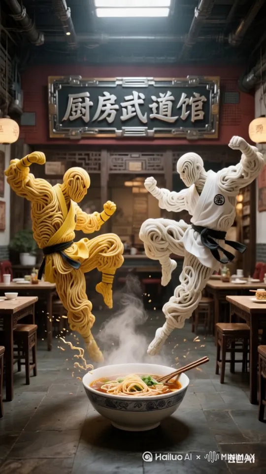 超清32K画质在中式风格的“厨房武道馆”餐厅内，身着黄色练功服、系黑色腰带的面条武者和身着白色练功服、配黑色腰带的面条武者，以凌厉的武术动作腾空而起，仿佛正展开激烈对决。他们脚下是一碗热气腾腾的拉面，面条在汤汁中微微颤动，筷子斜放碗边，周围蒸汽翻涌，零星的汤汁飞溅，营造出紧张又奇幻的动态氛围。黑白武士采用的都是是无影脚。

想象视角从餐厅门口缓缓推进，首先映入眼帘的是古色古香的桌椅和暖黄的灯笼。随着镜头拉近，两位面条武者的动作愈发清晰，黄色武者出拳刚猛，白色武者踢腿迅猛，镜头聚焦在他们之间的那碗拉面，蒸汽袅袅升腾，仿佛时间都因这场“面条武者之战”而凝固又充满动感。 by Hailuo AI Video Generator