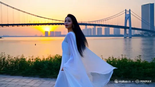 背景武汉长江大桥，夕阳西下。一个美女，黑色长发，白色纱裙，衣袂飘飘，回眸一笑。[左移,跟随] by Hailuo AI Video Generator