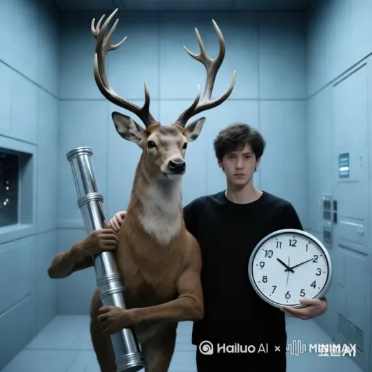 让这张图动起来，男孩嘴上洋溢着笑容，2秒后鹿身上的管子喷出大量的豆浆 by Hailuo AI Video Generator