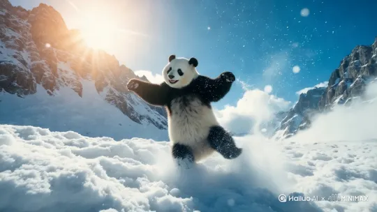 戴着太阳镜的毛茸茸的熊猫在日出时的雪山顶上跳舞，左移运镜 by Hailuo AI Video Generator