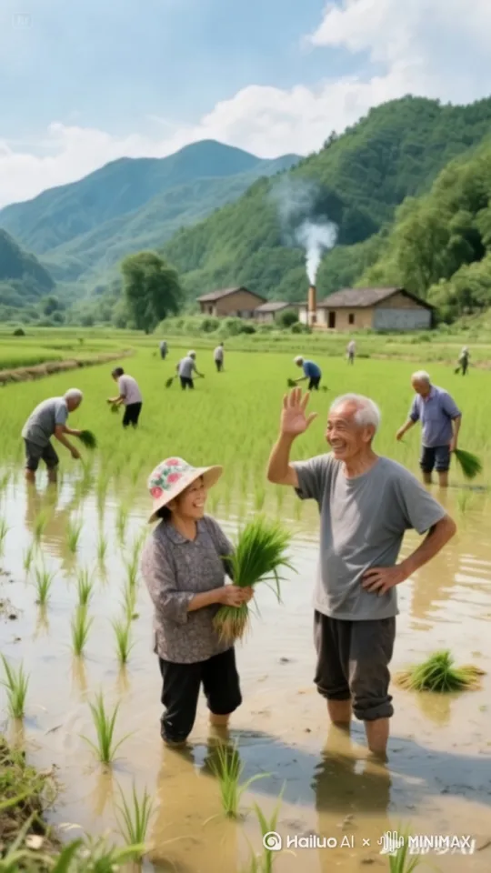 镜头移动，动态跟随，展现两个人史诗般的激烈打斗场面，两个人正在进行惊心动魄的中国功夫对决。左边的人右脚轻点地面，身体如旋风般旋转，左腿高高抬起，以一记凌厉的侧踢攻向对手的头部，速度极快。右边的人一个前滚翻躲开，起身时双腿连环踢出，腿影重重，令人眼花缭乱。两人的招式变化无穷，身影在环境中快速移动，忽左忽右，稻田水花四溅，展现出中国功夫的博大精深。周围的人欢呼雀跃、拍手叫好。 by Hailuo AI Video Generator