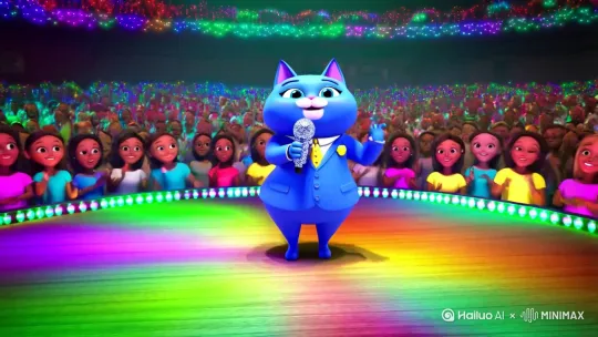 一只3d拟人的可爱的蓝色胖猫在圆形的较大舞台中央穿着西装，拿着麦克风开心的唱歌，时不时有霓虹灯闪过舞台，舞台周围有着非常多的观众，激动的听蓝色胖猫唱歌 by Hailuo AI Video Generator