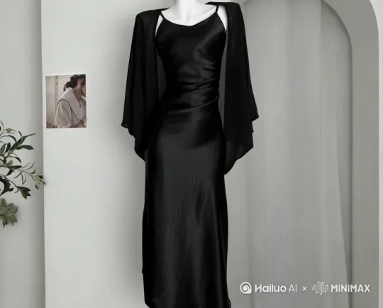 一位身材曼妙、面容姣好的年轻女性,拥有明亮有神的大眼睛、高挺鼻梁、小巧嘴唇和白皙光滑的肌肤,黑色柔顺长发披肩。她穿着黑色褶皱设计感缎面吊带连衣裙,外搭黑色轻薄披肩,脚踩黑色细跟高跟鞋。在简约的白色室内空间,背景有拱形门和轻柔白纱帘,还有几枝绿植点缀 。她姿态优雅,轻轻转身、抬手展示服装细节,步伐轻盈地走动,整体氛围时尚高级,光线柔和均匀,凸显服装质感 by Hailuo AI Video Generator