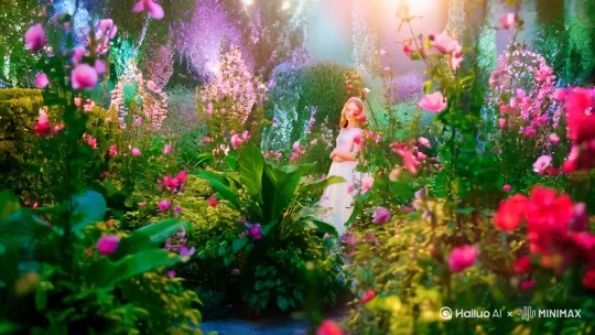 在一个魔幻的花园中出现一位美丽又性感的少妇，优雅的气质，吸引了周边的花花草草起舞，刻画出无与伦比的画面 by Hailuo AI Video Generator