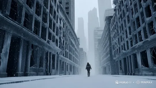 一座末日破败的城市街道，正在下雪，街上被白雪覆盖，一个幸存者在街上小心的行走。 by Hailuo AI Video Generator