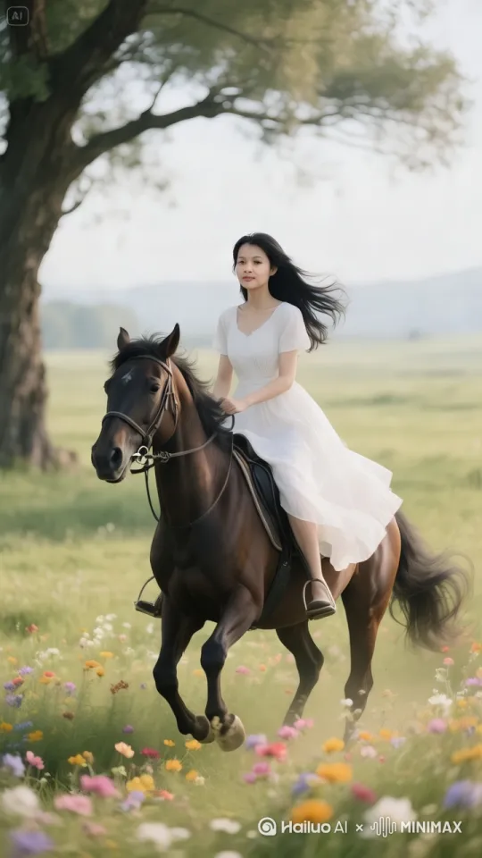 [左移,跟随]马儿在奔跑，美女的头发随风飘扬 by Hailuo AI Video Generator