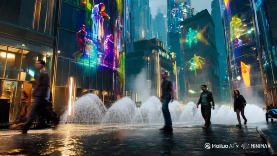 "霓虹浸染的雨夜街道，全息投影广告在雾气中闪烁，高耸的玻璃幕墙映出机械义肢的行人，暗巷里悬浮车溅起水花，赛博朋克未来都市，超写实8K渲染，虚幻引擎光影效果。 by Hailuo AI Video Generator