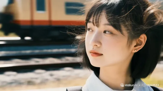 【特写转场】女生逆光侧脸特写，发丝被风吹动，背景模糊的电车呼啸而过，突然转向天空飞鸟的仰拍镜头 by Hailuo AI Video Generator
