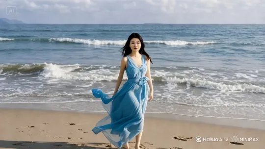 [右移,跟随]，然后[推进]聚焦在上半身。美女沿着海边向右慢跑，侧脸对着镜头。阳光和煦，暖色调，快乐氛围。 by Hailuo AI Video Generator