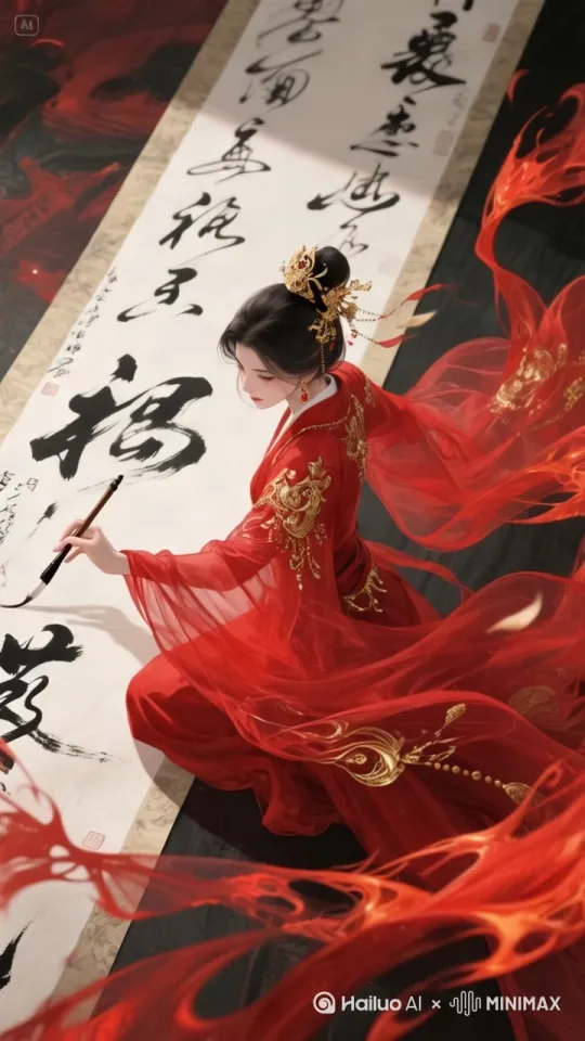 火焰在跳動，衣袂在飛舞，人物邊舞動邊揮毫潑墨。自由運鏡 by Hailuo AI Video Generator