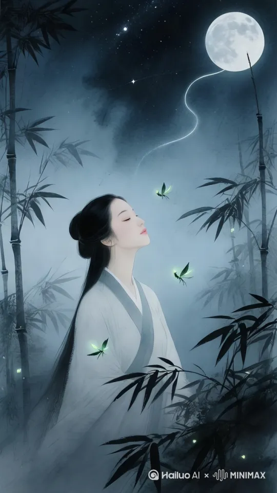 冷调月夜场景，女子在墨竹丛中闭目冥思，竹叶投影衣襟，萤火虫光点与星空连成能量脉络 by Hailuo AI Video Generator