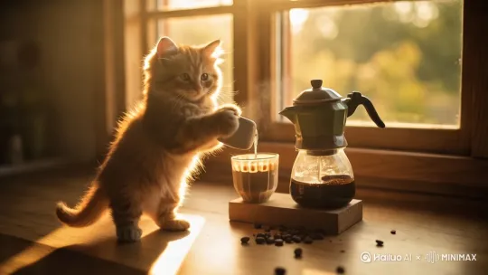[右移,左摇,跟随]小橘猫磨咖啡豆做手冲咖啡，柔和的阳光洒在它的脸上 by Hailuo AI Video Generator
