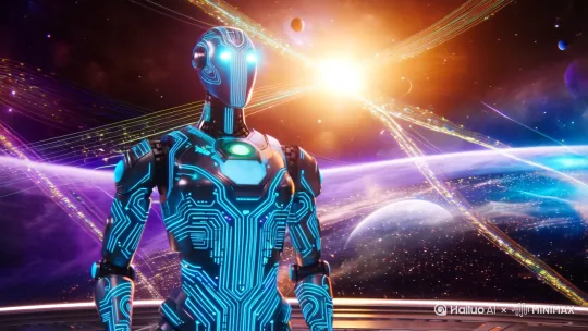 "Create a stunning futuristic space scene with ultra-high-tech aesthetics. A sleek humanoid robot with glowing neon-blue circuit patterns stands on a floating platform amidst a vast cosmic backdrop. The background features swirling nebulae in deep purples and electric blues, with distant planets and star clusters emitting radiant light. The robot's metallic body reflects prismatic shards of light from nearby black holes and supernovas. Dynamic glowing energy beams crisscross the scene, connecting celestial objects and the robot, creating a sense of interconnected cosmic technology. The atmosphere is illuminated by soft ambient glows and rapid-moving particles, with a cinematic 4K ultra-realistic style inspired by sci-fi films like Dune and Interstellar. Add subtle holographic interfaces floating near the robot, displaying real-time data streams. Use vibrant contrast between cold space tones and warm artificial light sources for dramatic effect. Camera angles should include slow orbital pans and close-ups of the robot's glowing eyes reflecting the universe."
关键元素解析:
1. 太空与宇宙
星云(紫/蓝渐变)、行星、黑洞、超新星
宇宙尺度的广阔感与细节(如星群闪烁、星尘流动)
2. 机器人设计
未来流线型金属质感 + 发光电路纹路
半透明材质与动态光效(如关节处能量流动)
与宇宙元素互动(光线反射、能量连接)
3. 光影效果
冷色调(宇宙深蓝/紫色)与暖光(机器人光源、数据流)对比
动态光束、粒子特效、全息投影界面
高对比度与景深虚化增强空间感
4. 运镜与氛围
慢速环绕镜头展现宏大场景
特写机器人细节与眼神光中的宇宙倒影
电影级4K画质与赛博朋克美学结合 by Hailuo AI Video Generator