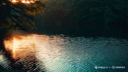 宁静的湖畔，微风拂过时水中产生波纹。湖面上的倒影随着微风轻轻摇曳，形成一幅动人心弦的画面。通过延时摄影记录日出时分，湖面从一片宁静的黑暗逐渐被晨光染成金色的过程。整个视频以电影效果的调色和柔和色调处理，营造出一种宁静而深邃的氛围，讲述着大自然的宁静与和谐。 by Hailuo AI Video Generator
