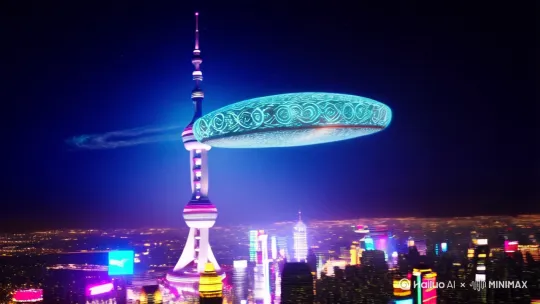 全景仰拍（0:19-0:33）
飞碟悬停在上海中心大厦上方，直径300米，表面反射城市霓虹形成动态
动态追踪（0:34-0:50）
无人机视角环绕飞碟，展示其表面纹路随环境变化（如：城市灯光触发纹路重组）。
特写：舱门处出现未知文明的全息符号，伴随脉冲式光效（参考《星际穿越》手环）。
降落过程（0:51-1:15）
俯冲镜头：飞碟以45度切入大气层，尾迹呈现莫比乌斯环拓扑结构。
接触地面：降落地面形成直径50米的能量场，空气粒子化波动（参考《降临》外星飞船）。[右移,左摇,跟随][推进,上升] by Hailuo AI Video Generator